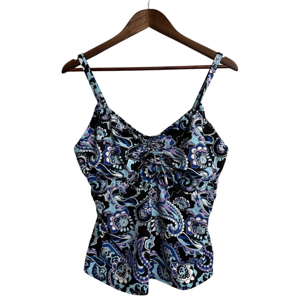 Lands End Tankini women's 14D black floral paisley tropical Hawaiian beach pool